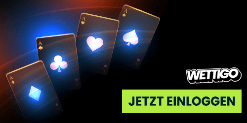 Vier leuchtende Spielkarten mit Symbolen und dem Button Jetzt einloggen auf dunklem Hintergrund