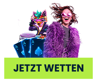 Frau mit Sonnenbrille neben Pokerkarten und DJ-Figur vor dem Button Jetzt wetten