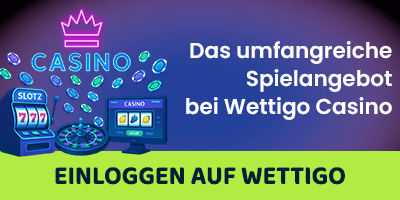Casinoelemente wie Slotmaschinen und Chips mit dem Hinweis auf das Angebot bei Wettigo