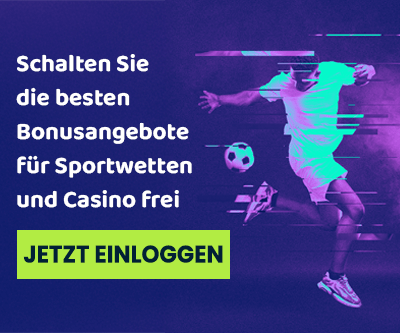Fußballspieler in Bewegung mit Werbetext zu Bonusaktionen für Sportwetten und Casino