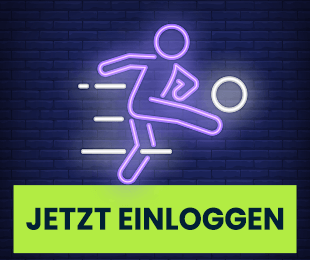Neon-Zeichnung eines Fußballspielers in Aktion auf dunkler Ziegelwand mit Login Button
